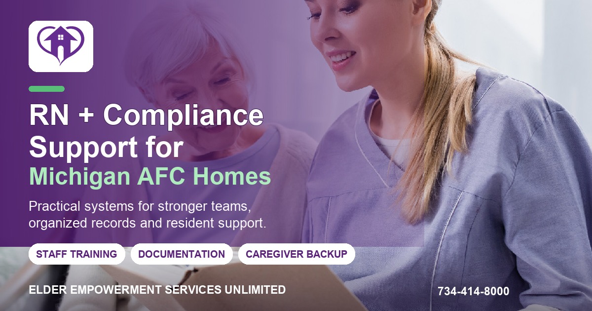 RN and AFC owner reviewing staff training and compliance-readiness documents in a Michigan adult foster care home
